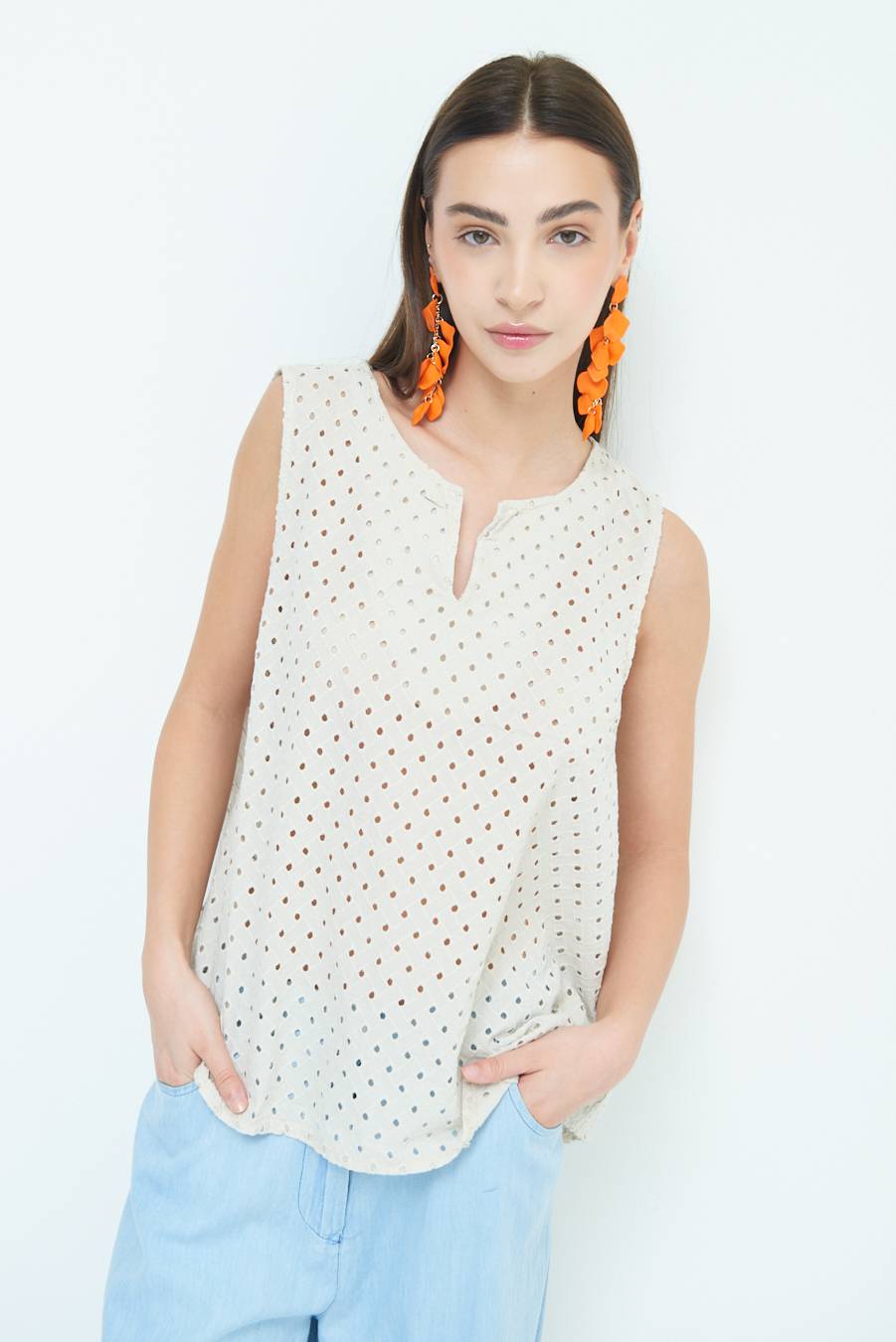 Kikisix TOP SMANICATO SANGALLO SABBIA