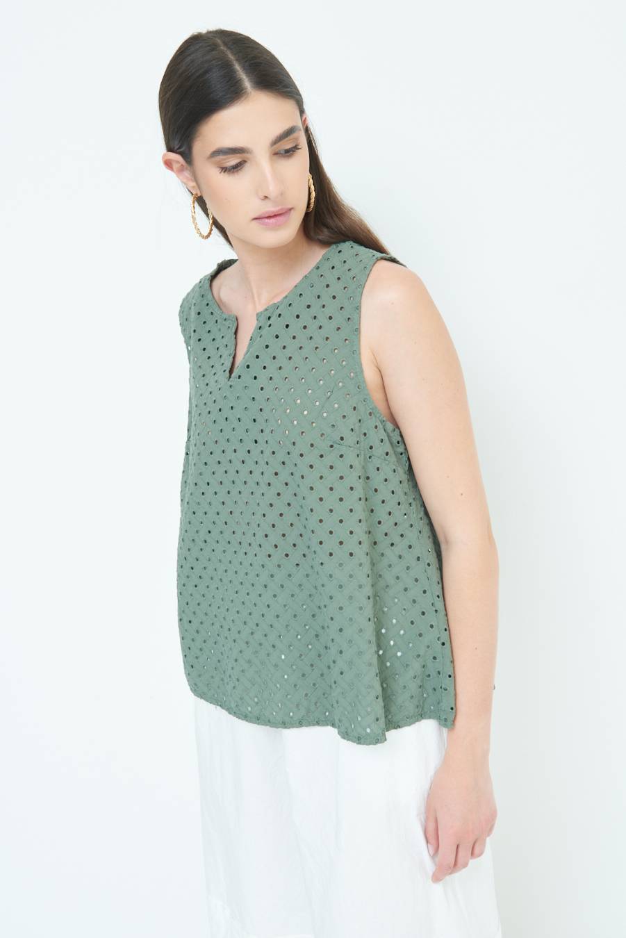 Kikisix TOP SMANICATO SANGALLO VERDE MILITARE