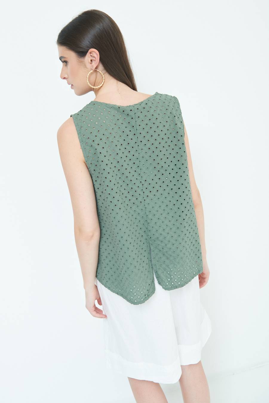 Kikisix TOP SMANICATO SANGALLO VERDE MILITARE