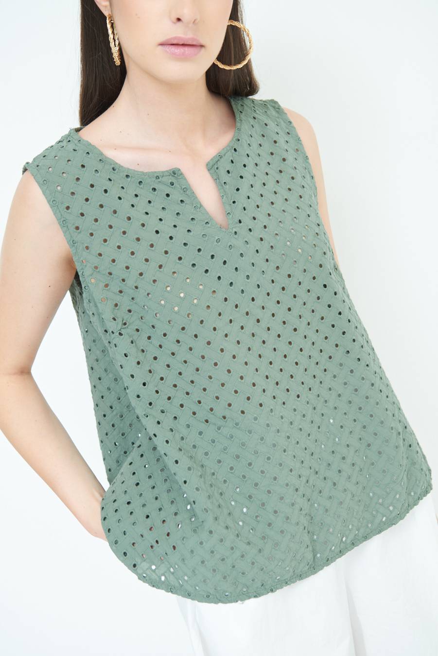 Kikisix TOP SMANICATO SANGALLO VERDE MILITARE