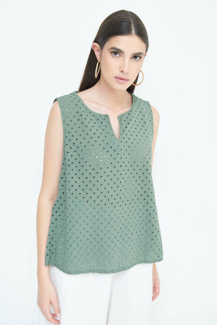 Kikisix TOP SMANICATO SANGALLO VERDE MILITARE