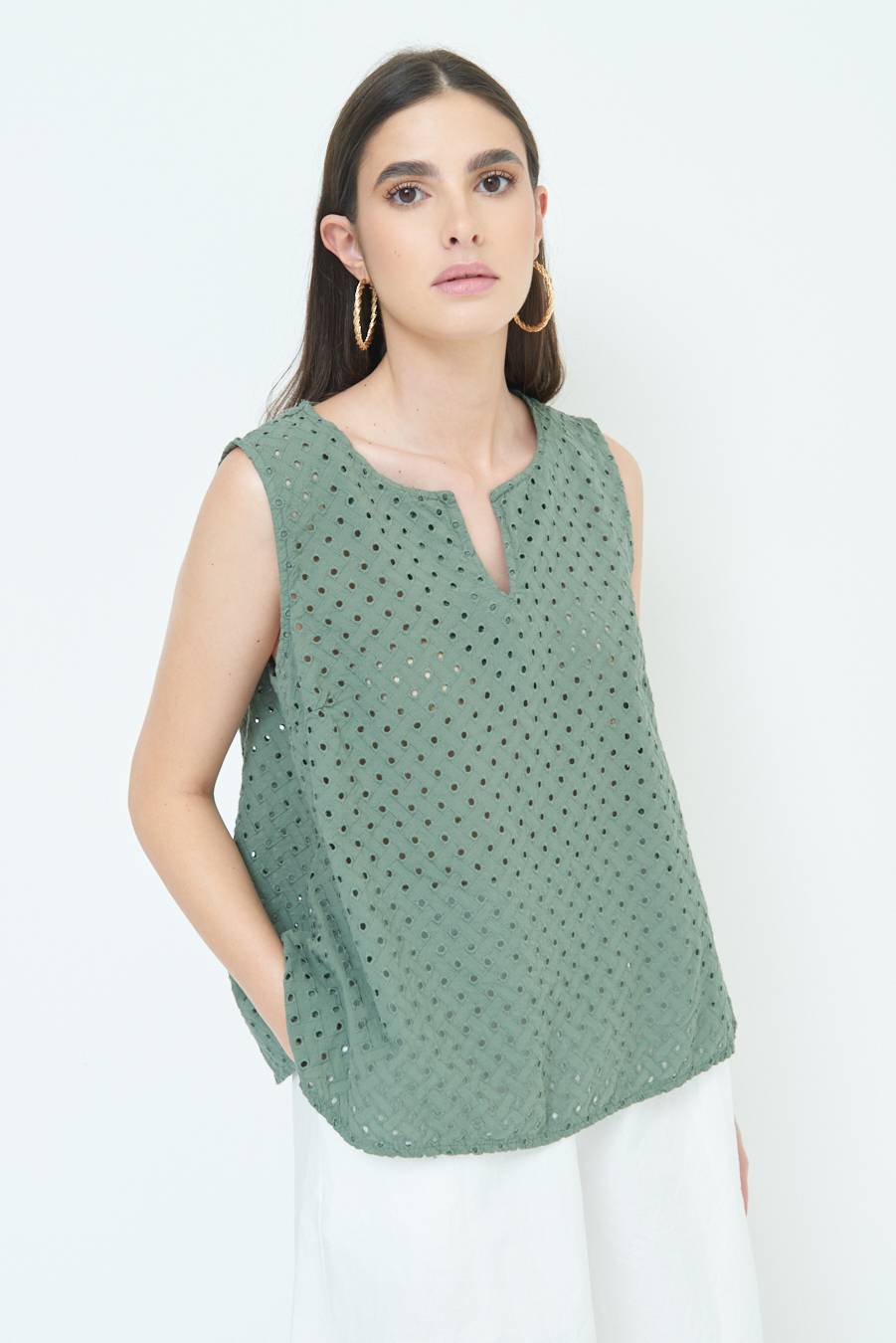 Kikisix TOP SMANICATO SANGALLO VERDE MILITARE