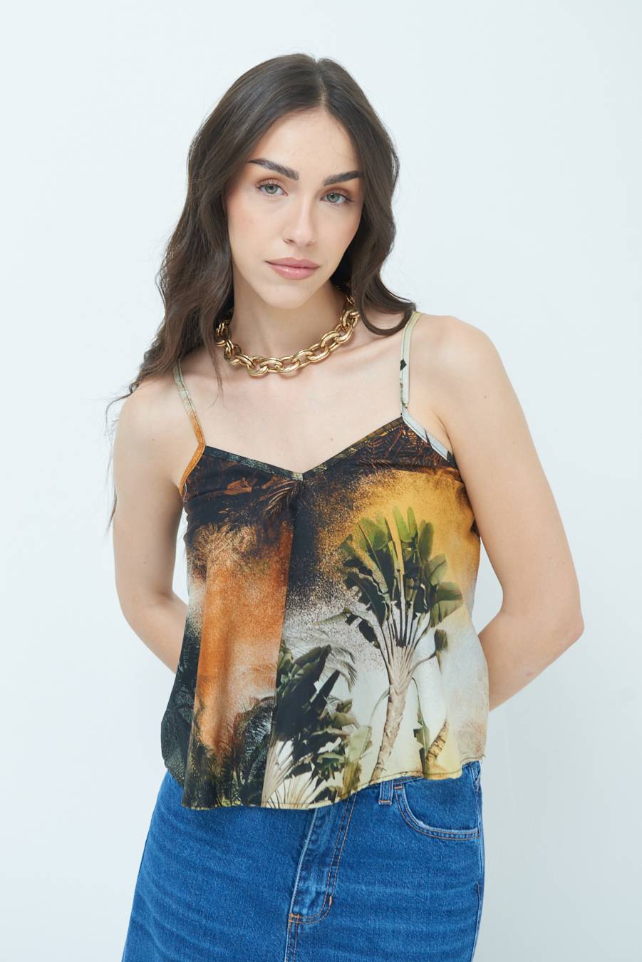 Kikisix TOP SPALLINI FANTASIA PALME NERO/OCRA