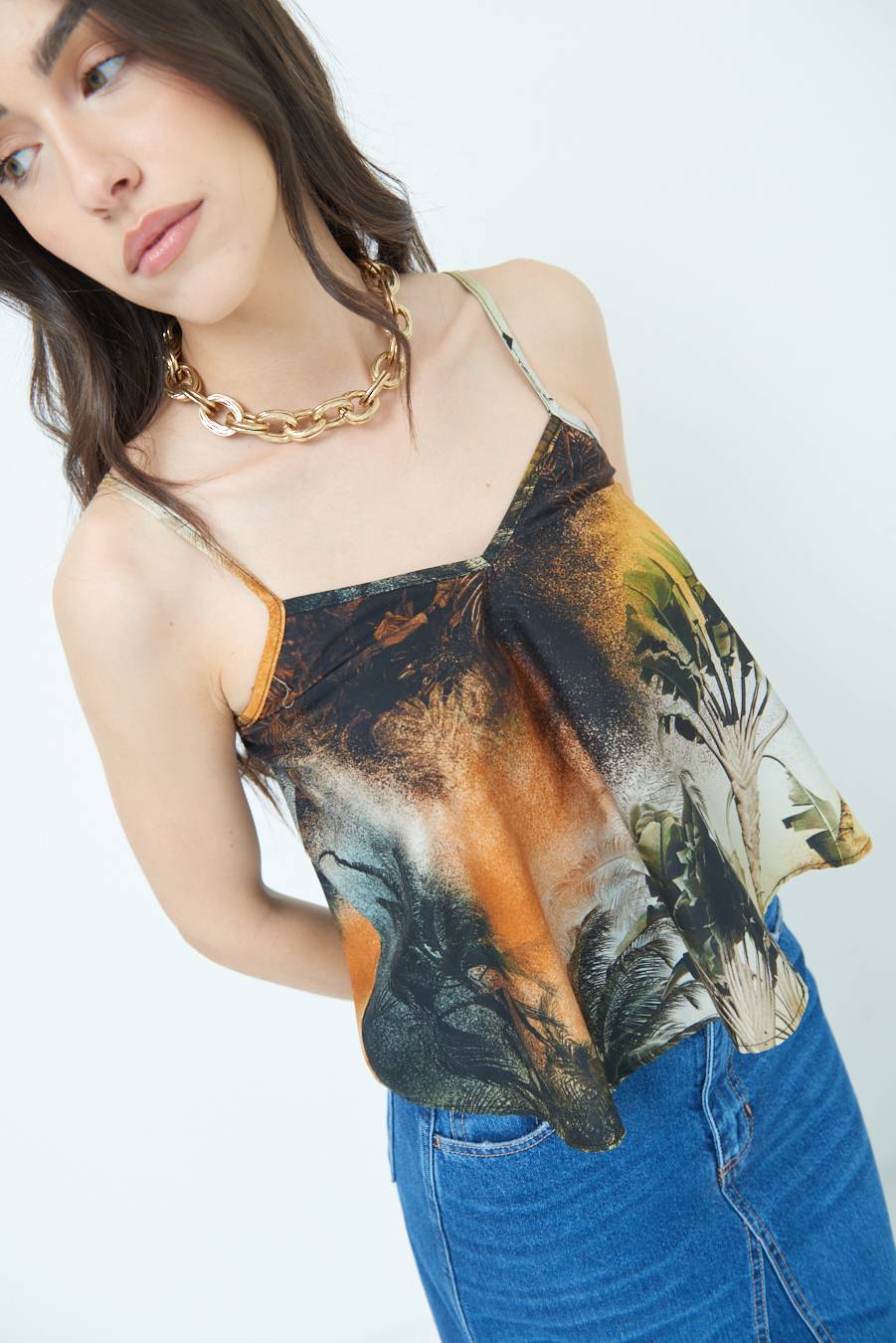 Kikisix TOP SPALLINI FANTASIA PALME NERO/OCRA