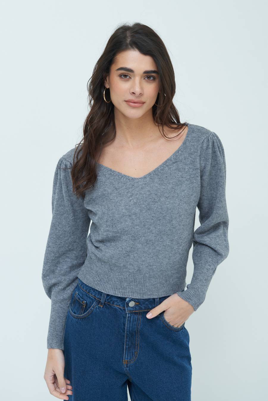 Kikisix MAGLIA SCOLLO V CON MANICA INCRESPATA GRIGIO