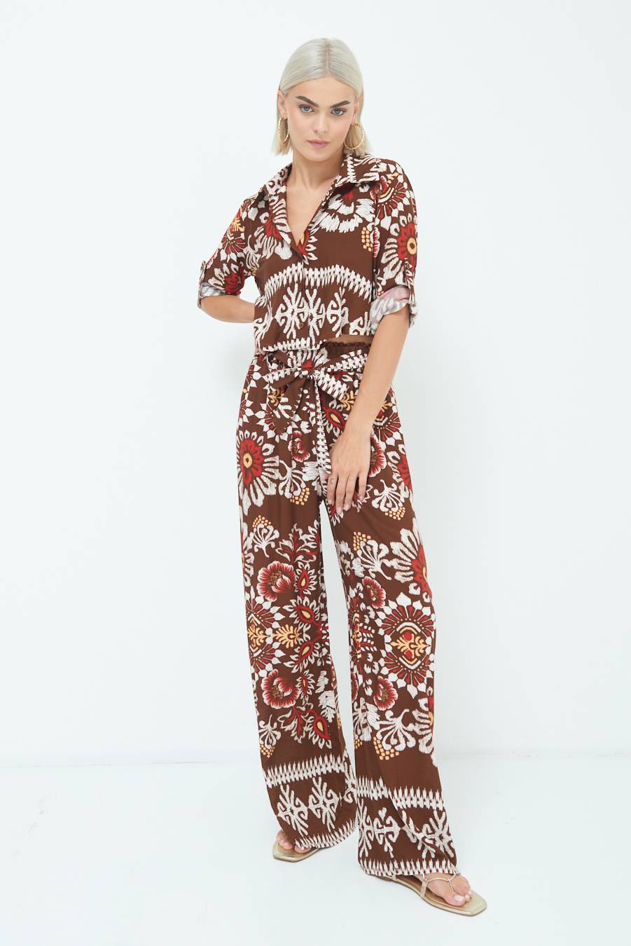 Kikisix PANTA PALAZZO CON CINTURA STAMPA BALZA MORO