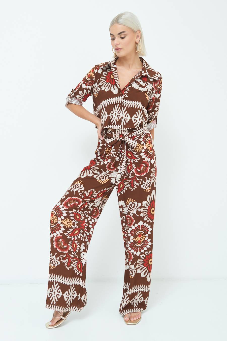 Kikisix PANTA PALAZZO CON CINTURA STAMPA BALZA MORO