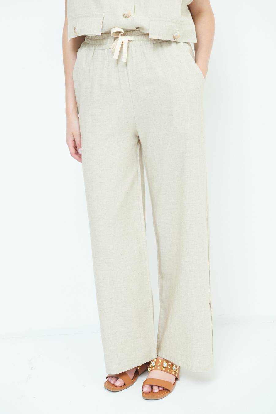 Kikisix PANTA PALAZZO CON ELASTICO VISCOSA LINO NATURALE