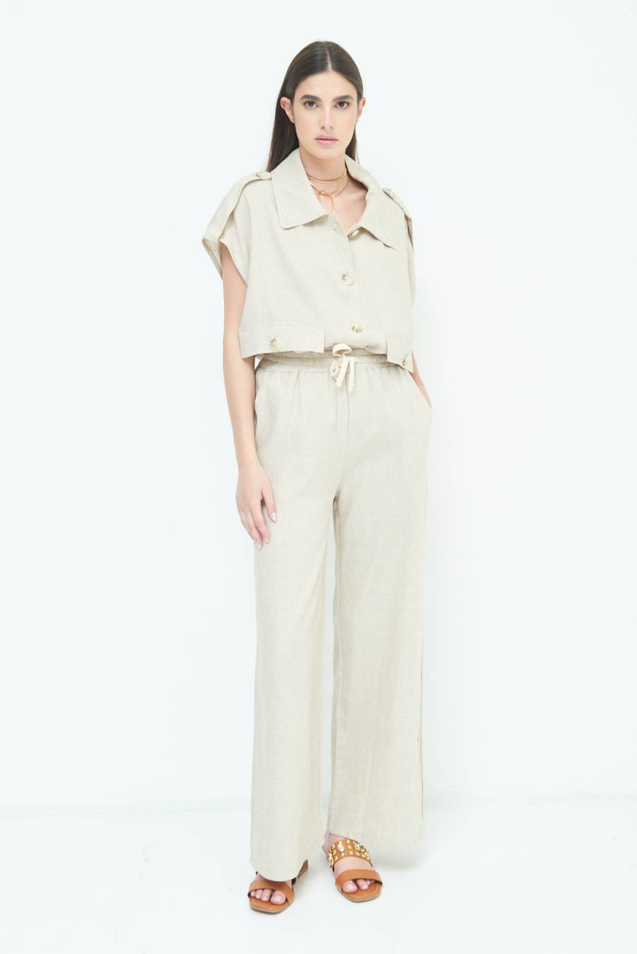 Kikisix PANTA PALAZZO CON ELASTICO VISCOSA LINO NATURALE