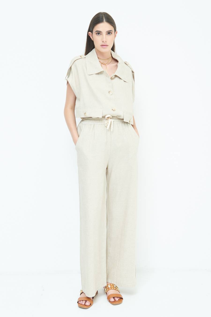 Kikisix PANTA PALAZZO CON ELASTICO VISCOSA LINO NATURALE