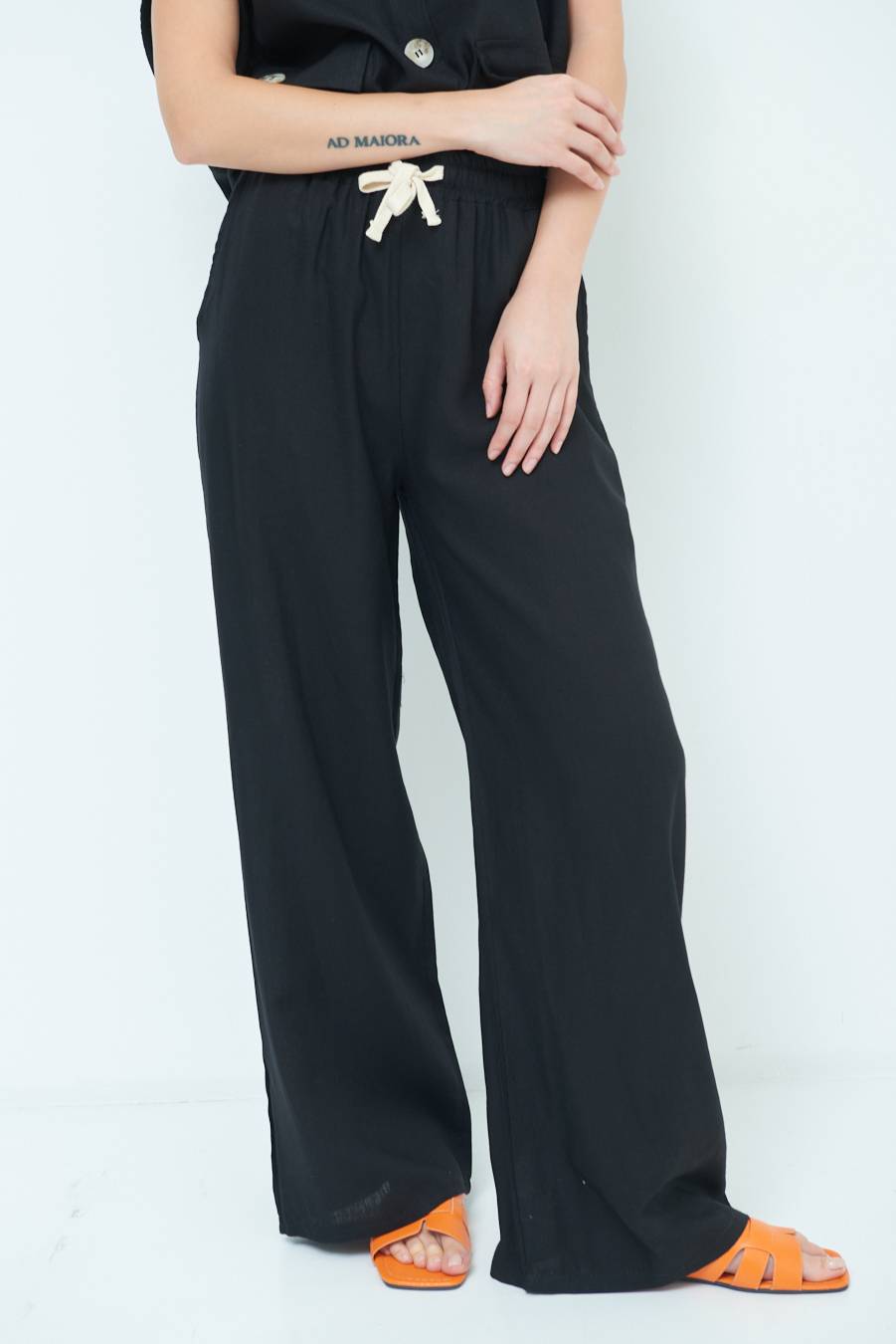 Kikisix PANTA PALAZZO CON ELASTICO VISCOSA LINO NERO