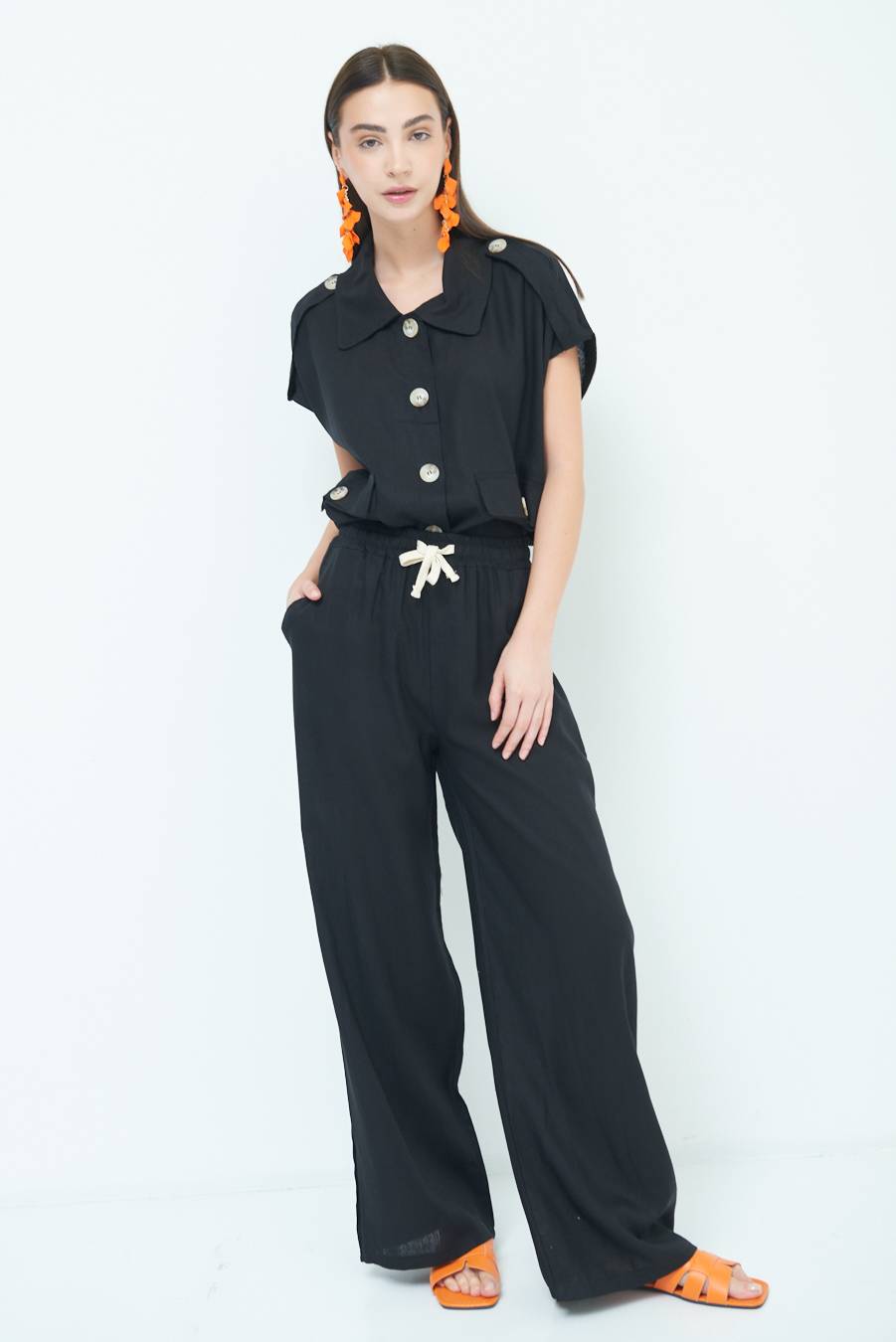 Kikisix PANTA PALAZZO CON ELASTICO VISCOSA LINO NERO