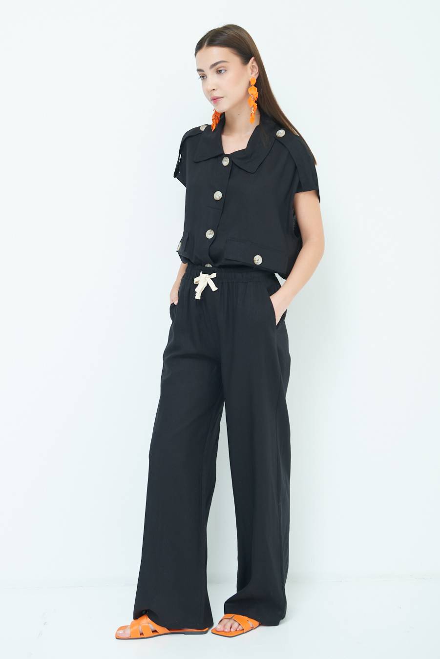 Kikisix PANTA PALAZZO CON ELASTICO VISCOSA LINO NERO