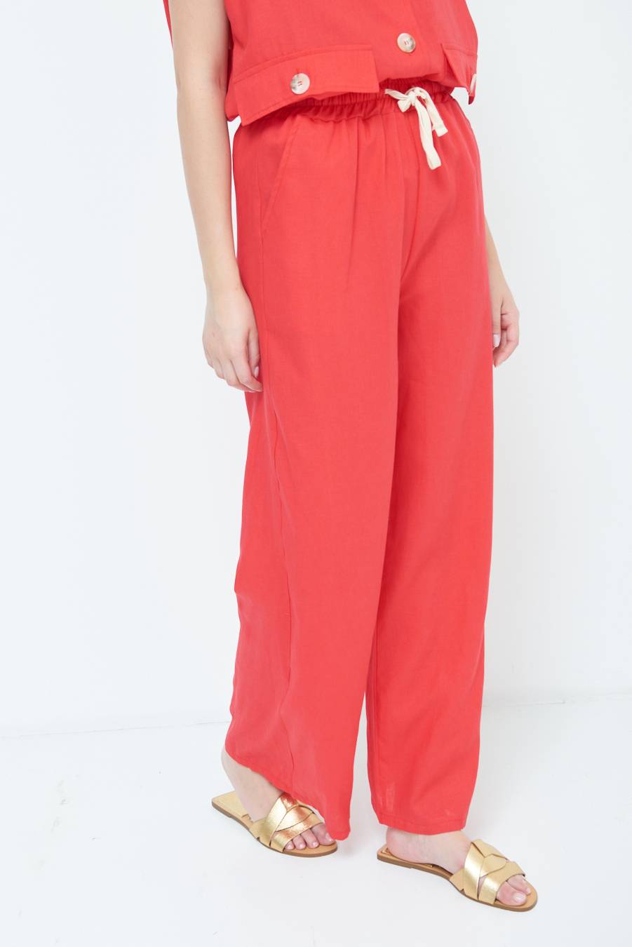 Kikisix PANTA PALAZZO CON ELASTICO VISCOSA LINO ROSSO