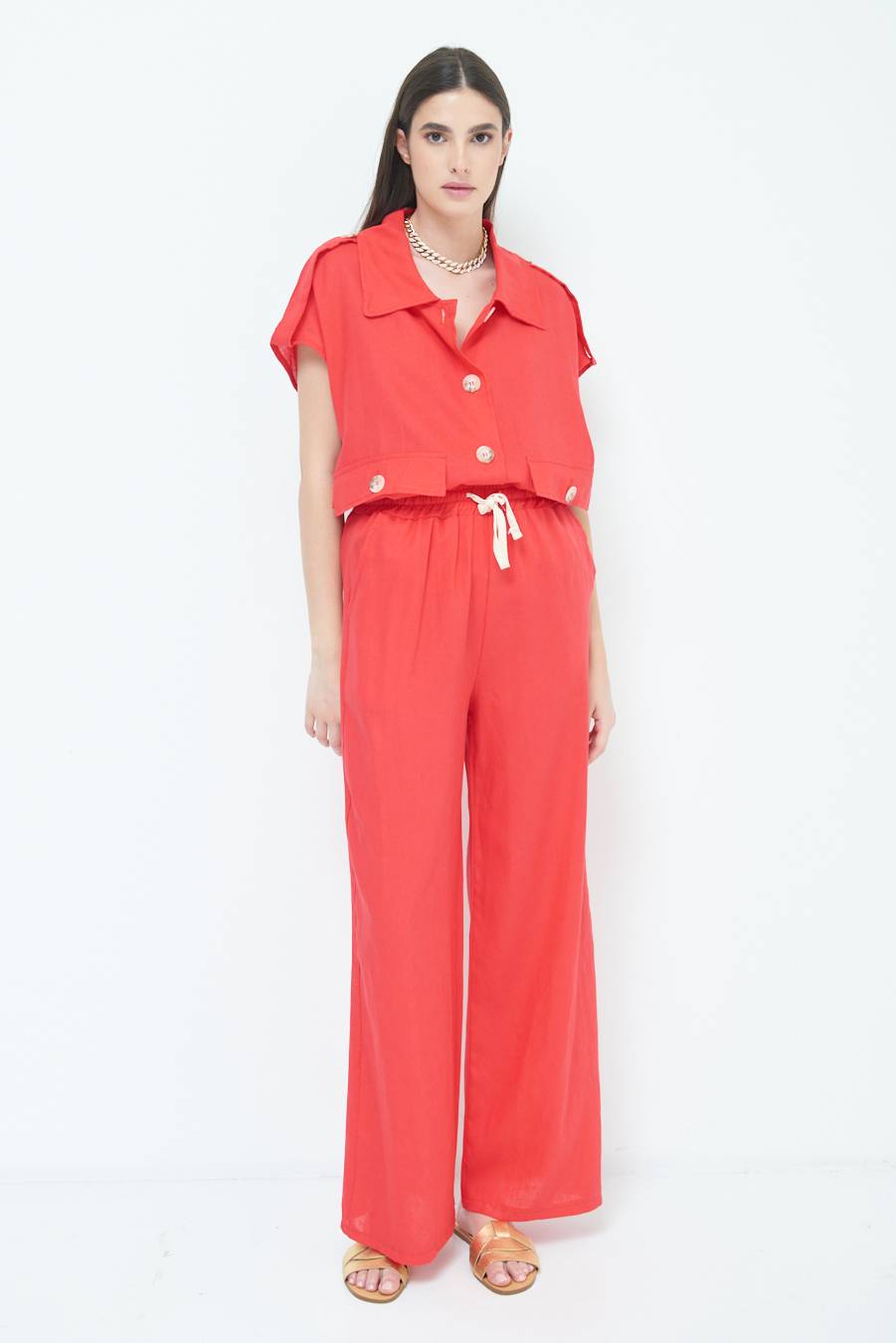 Kikisix PANTA PALAZZO CON ELASTICO VISCOSA LINO ROSSO