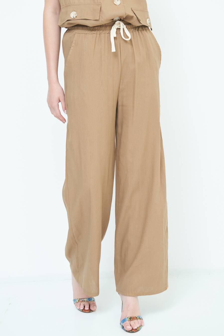 Kikisix PANTA PALAZZO CON ELASTICO VISCOSA LINO TABACCO