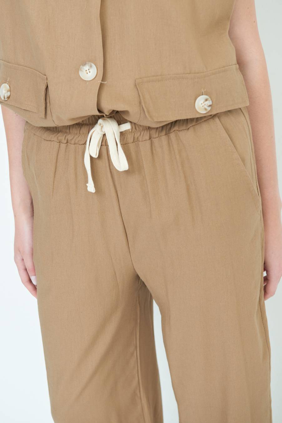 Kikisix PANTA PALAZZO CON ELASTICO VISCOSA LINO TABACCO