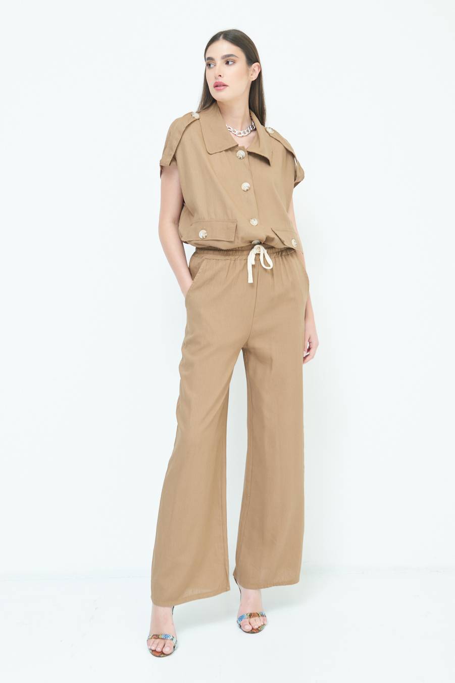 Kikisix PANTA PALAZZO CON ELASTICO VISCOSA LINO TABACCO