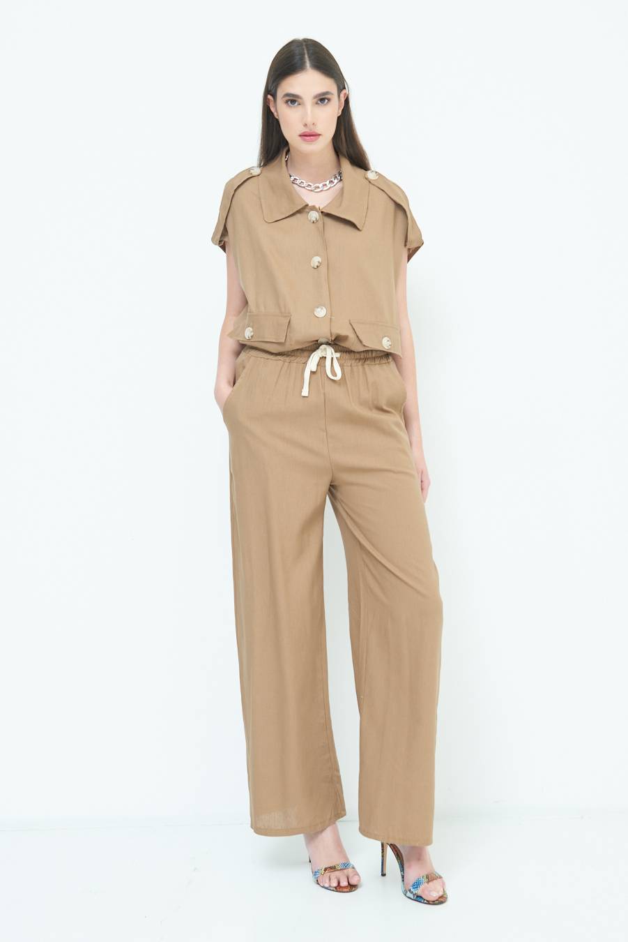 Kikisix PANTA PALAZZO CON ELASTICO VISCOSA LINO TABACCO