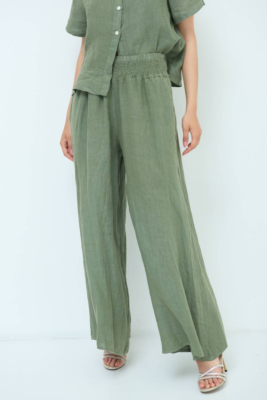 Kikisix PANTA PALAZZO LINO CON ELASTICI VERDE MILITARE