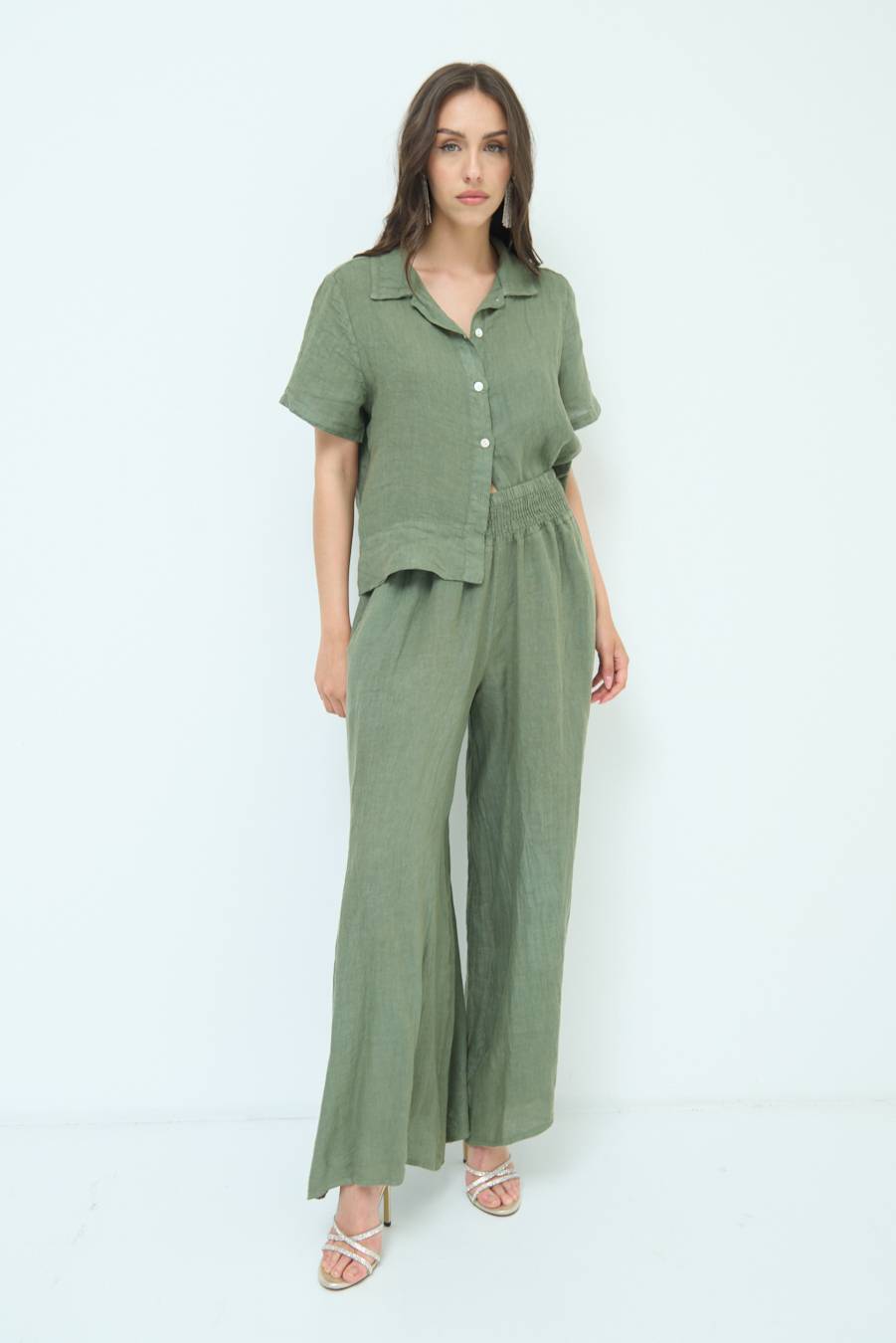 Kikisix PANTA PALAZZO LINO CON ELASTICI VERDE MILITARE