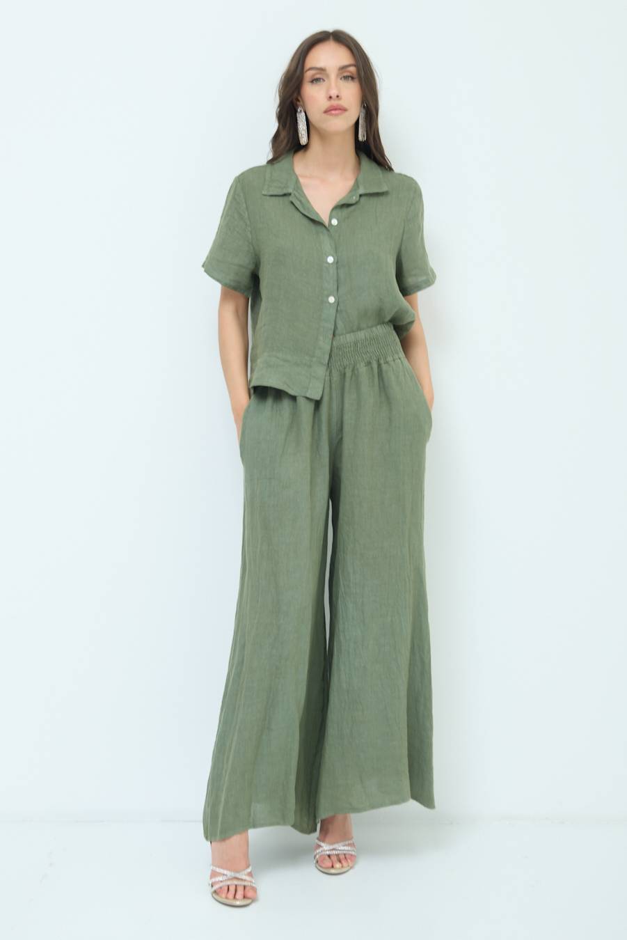 Kikisix PANTA PALAZZO LINO CON ELASTICI VERDE MILITARE