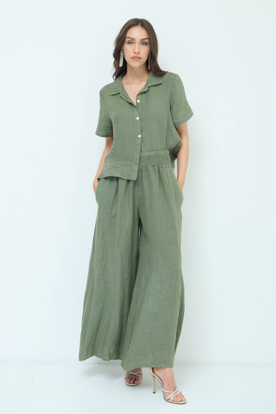 Kikisix PANTA PALAZZO LINO CON ELASTICI VERDE MILITARE