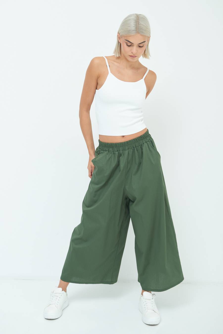 Kikisix PANTALONE CROP ELASTICO UNITO VERDE MILITARE
