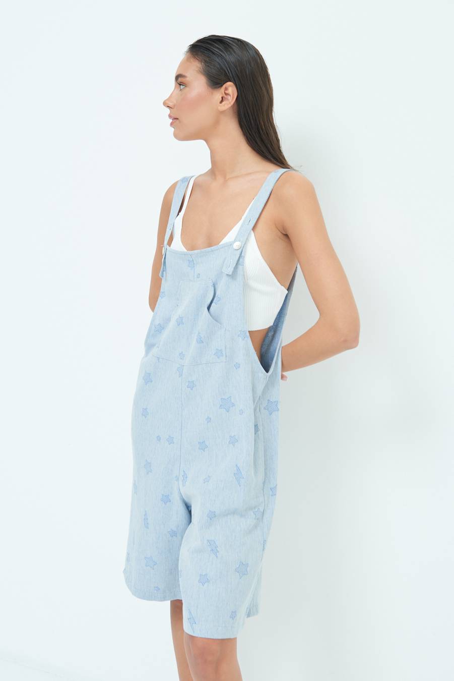 Kikisix SALOPETTE BERMUDA CON STELLE E FULMINI BLU CHIARO