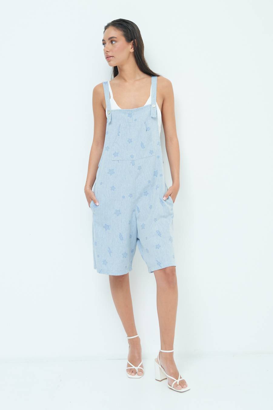 Kikisix SALOPETTE BERMUDA CON STELLE E FULMINI BLU CHIARO