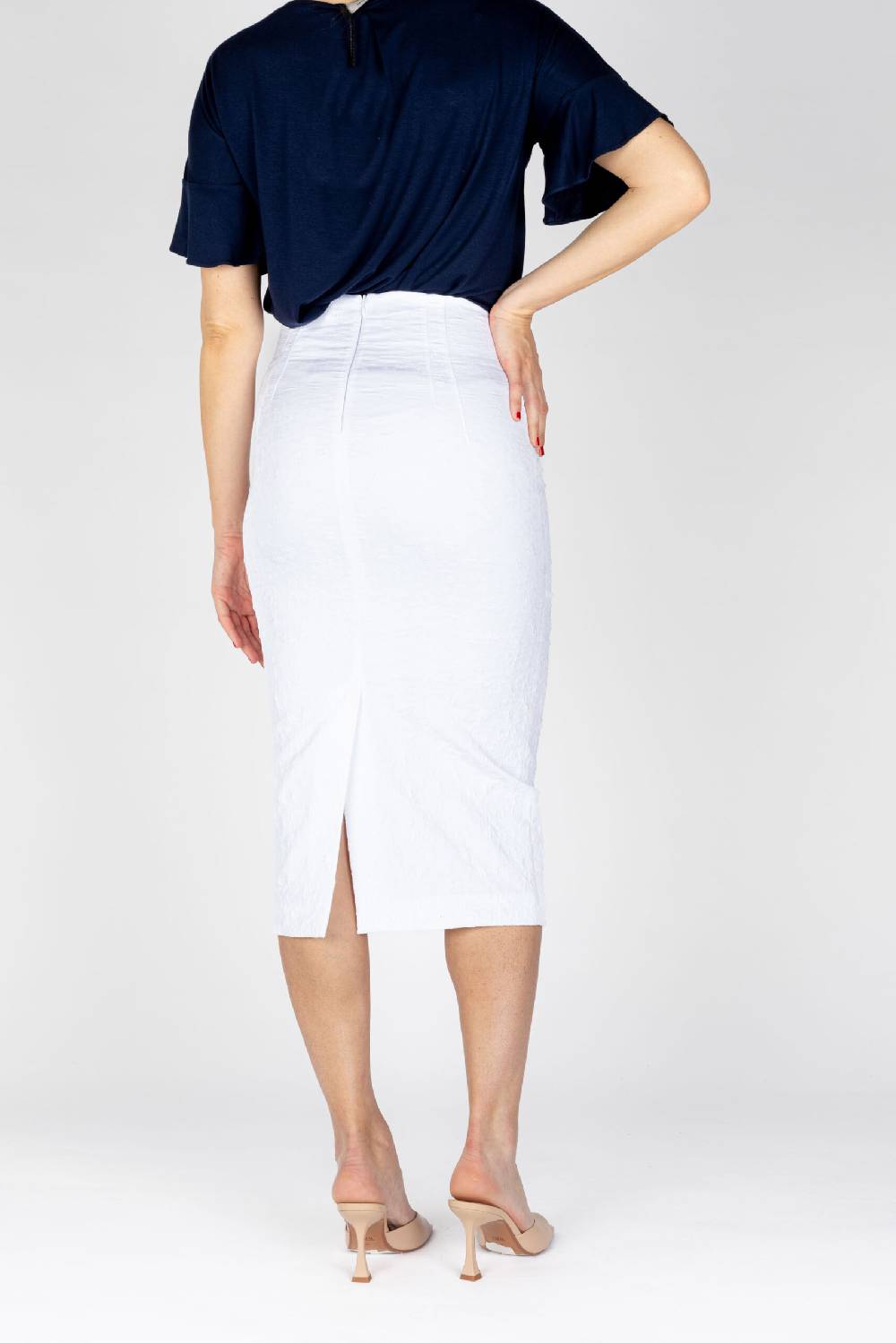 L.Pucci Gonna A Tubino Vita Alta Effetto Bustier Tessuto Jacquard Fiore Colore Bianco