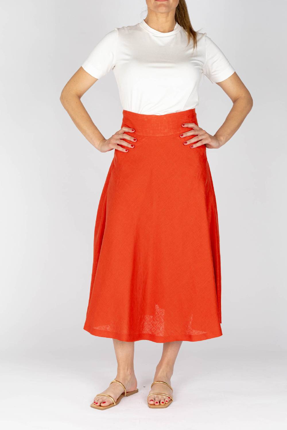 L.Pucci Gonna Svasata Lunga A Metà Polpaccio Lino Colore Paprika