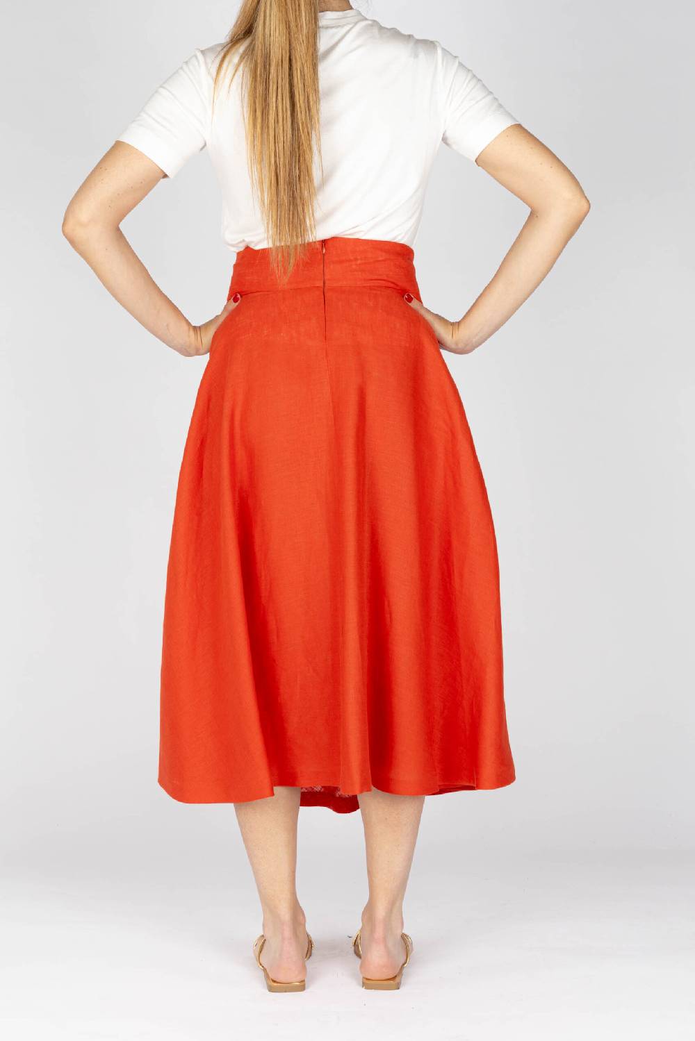 L.Pucci Gonna Svasata Lunga A Metà Polpaccio Lino Colore Paprika