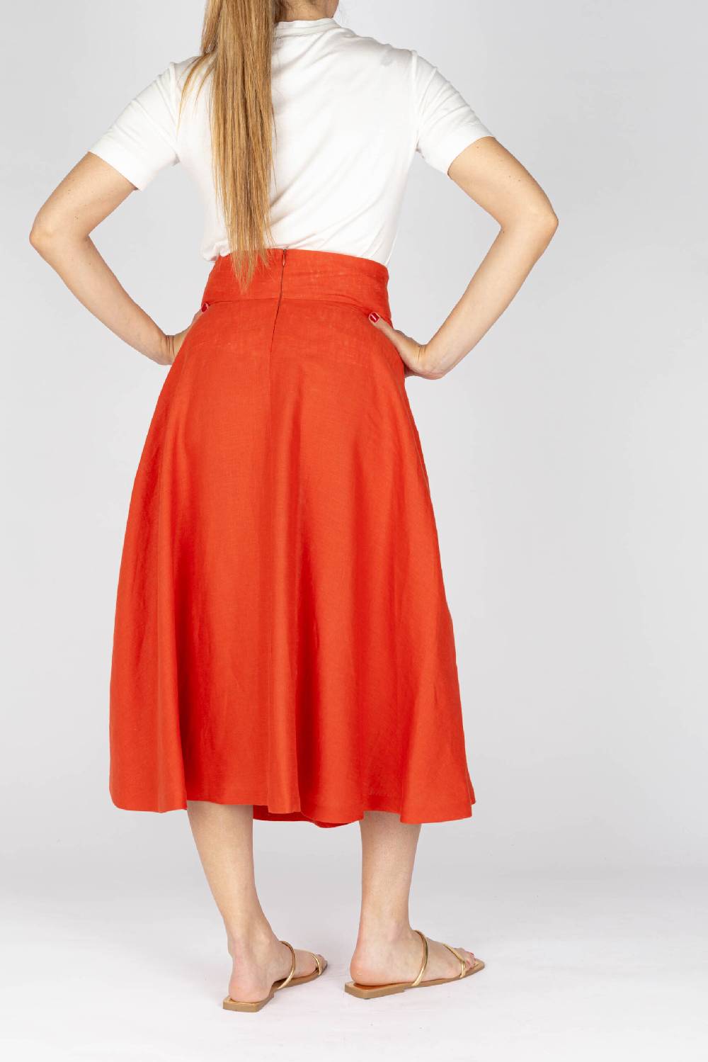 L.Pucci Gonna Svasata Lunga A Metà Polpaccio Lino Colore Paprika