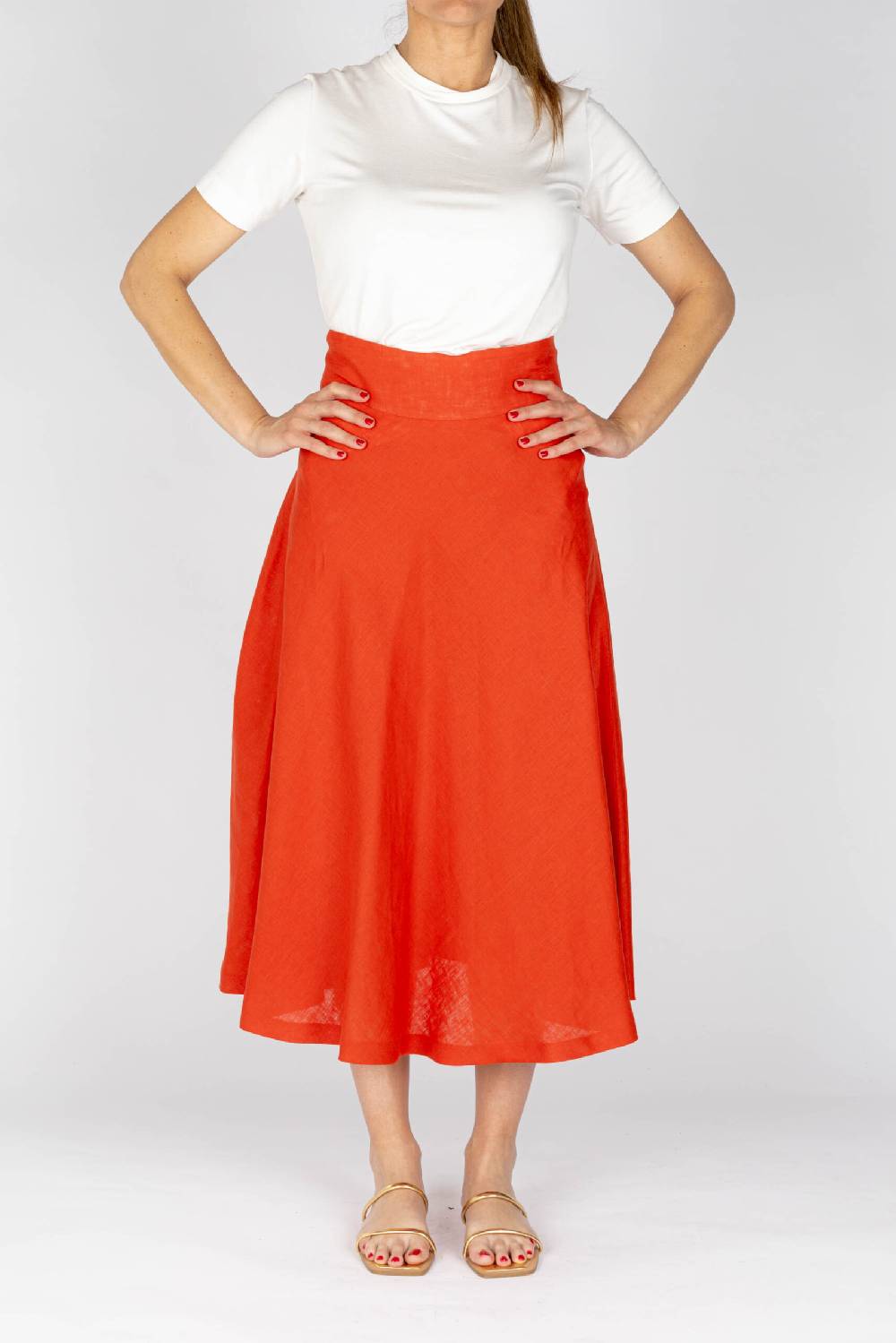 L.Pucci Gonna svasata lunga a metà polpaccio lino colore paprika