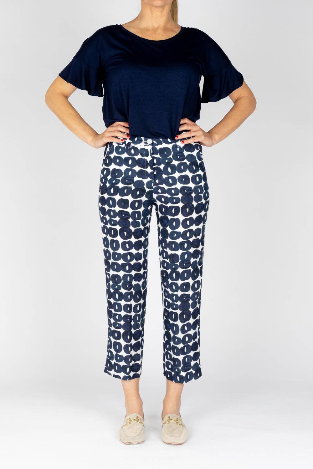 L.Pucci Pantaloni colore blu gamba larga tessuto viscosa stampa cerchio