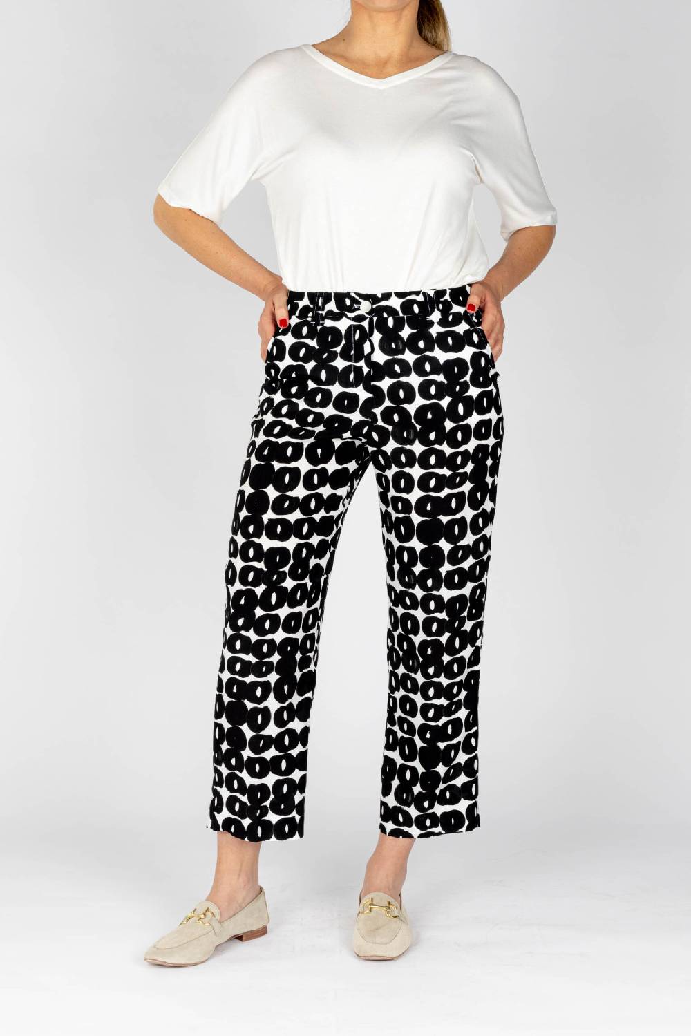 L.Pucci Pantaloni Colore Nero Gamba Larga Tessuto Viscosa Stampa Cerchio