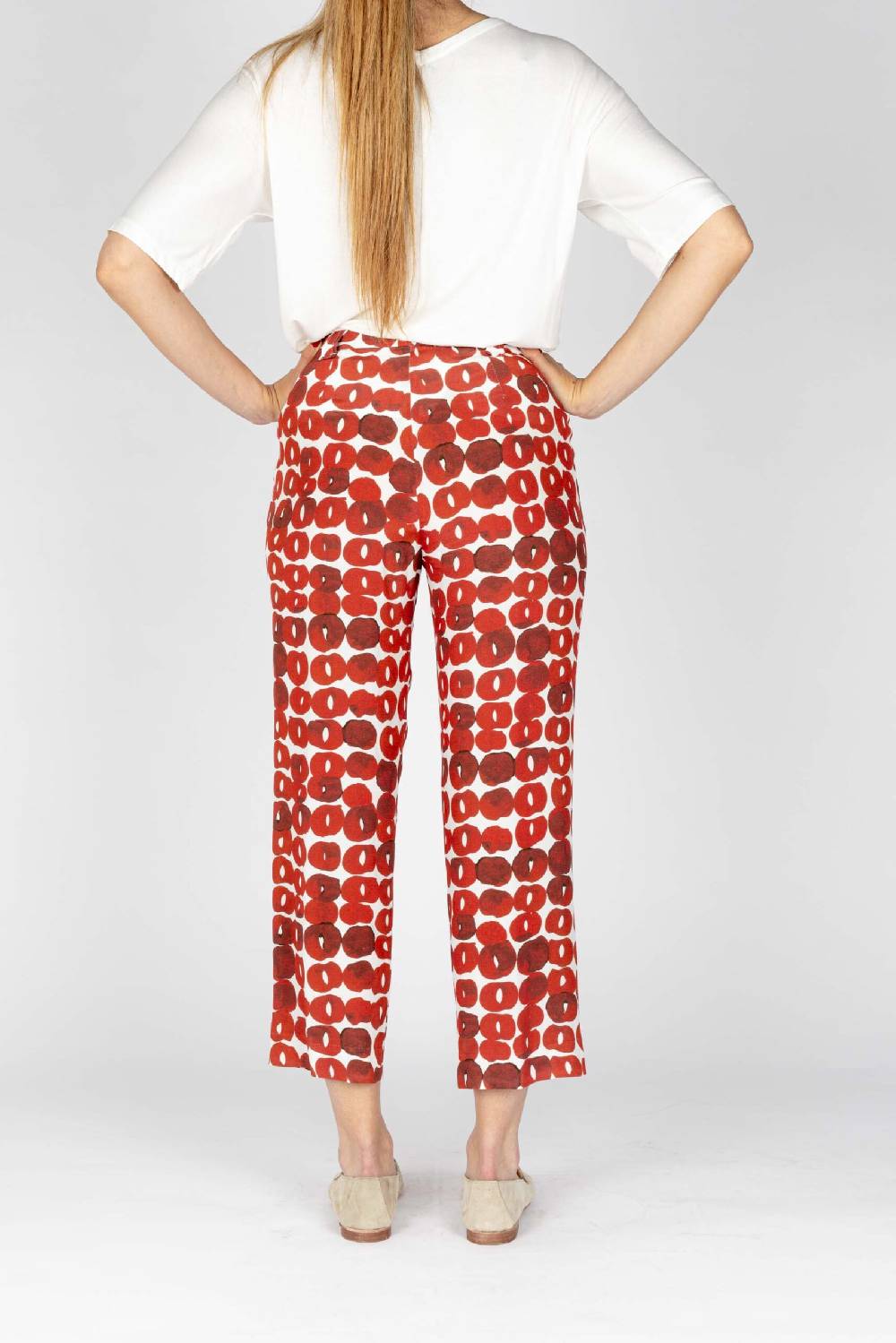 L.Pucci Pantaloni Colore Paprika Gamba Larga Tessuto Viscosa Stampa Cerchio