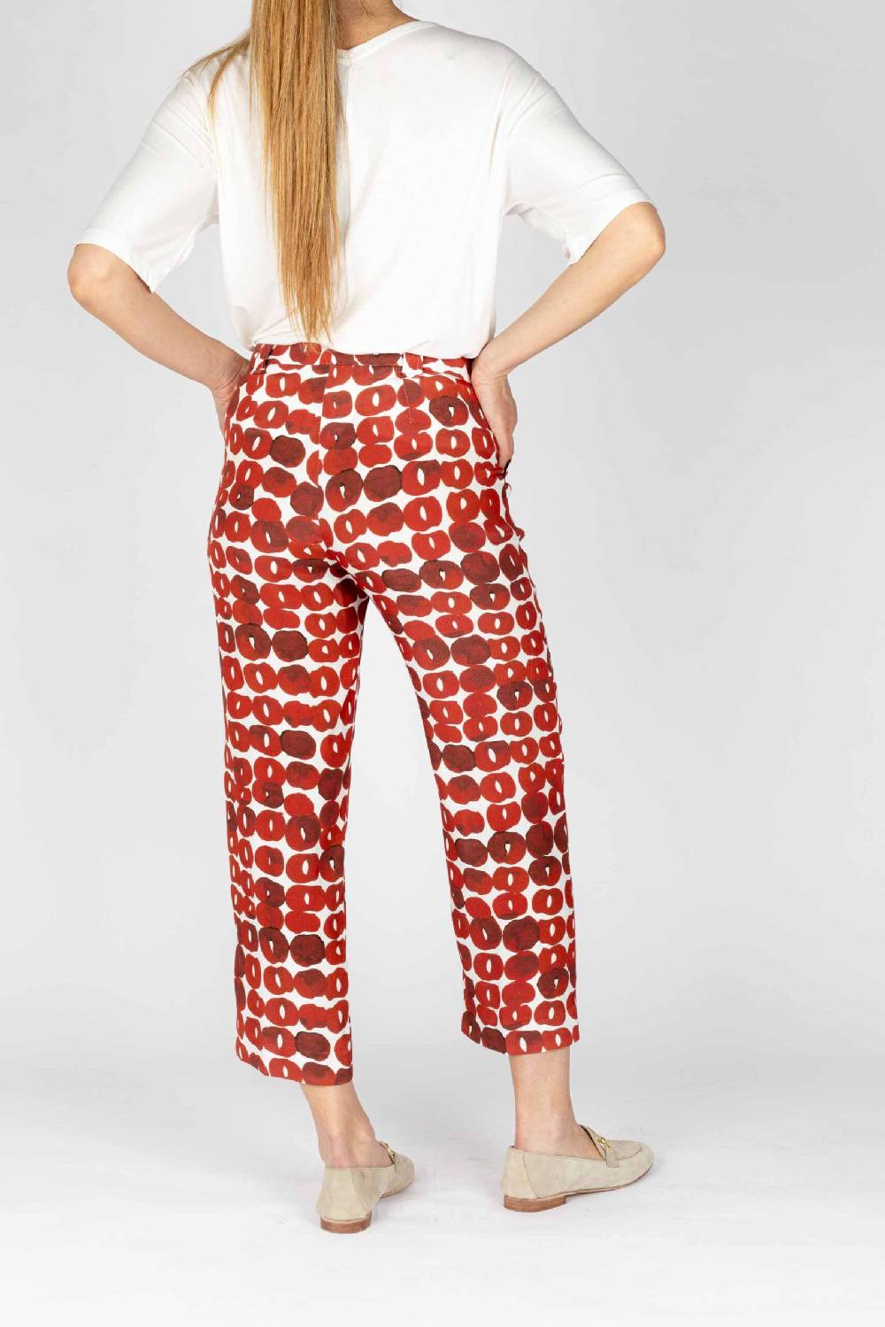 L.Pucci Pantaloni Colore Paprika Gamba Larga Tessuto Viscosa Stampa Cerchio