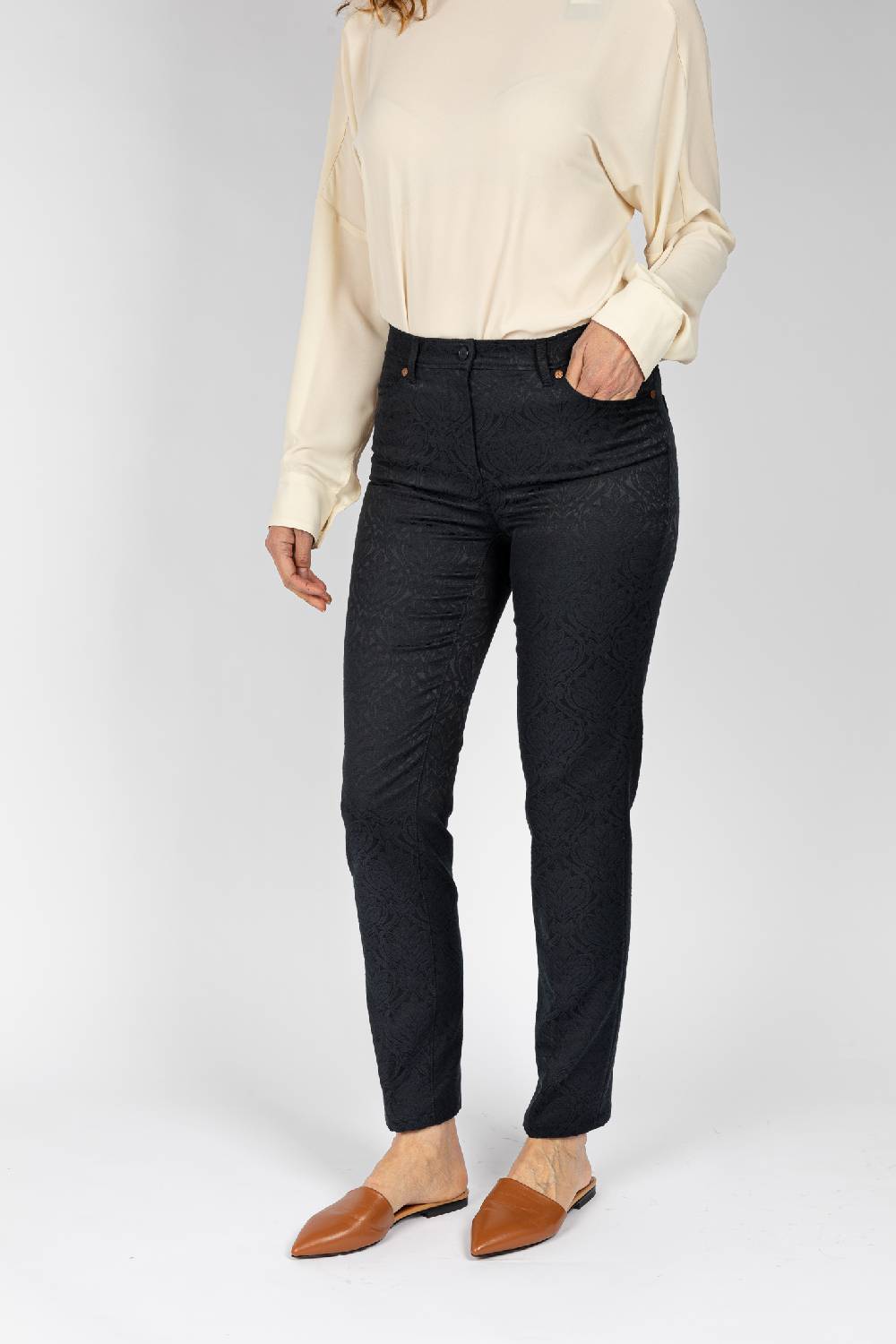 L.Pucci Pantaloni Disegno Fiore Colore Blu, Linea Jeans Tessuto Jacquard