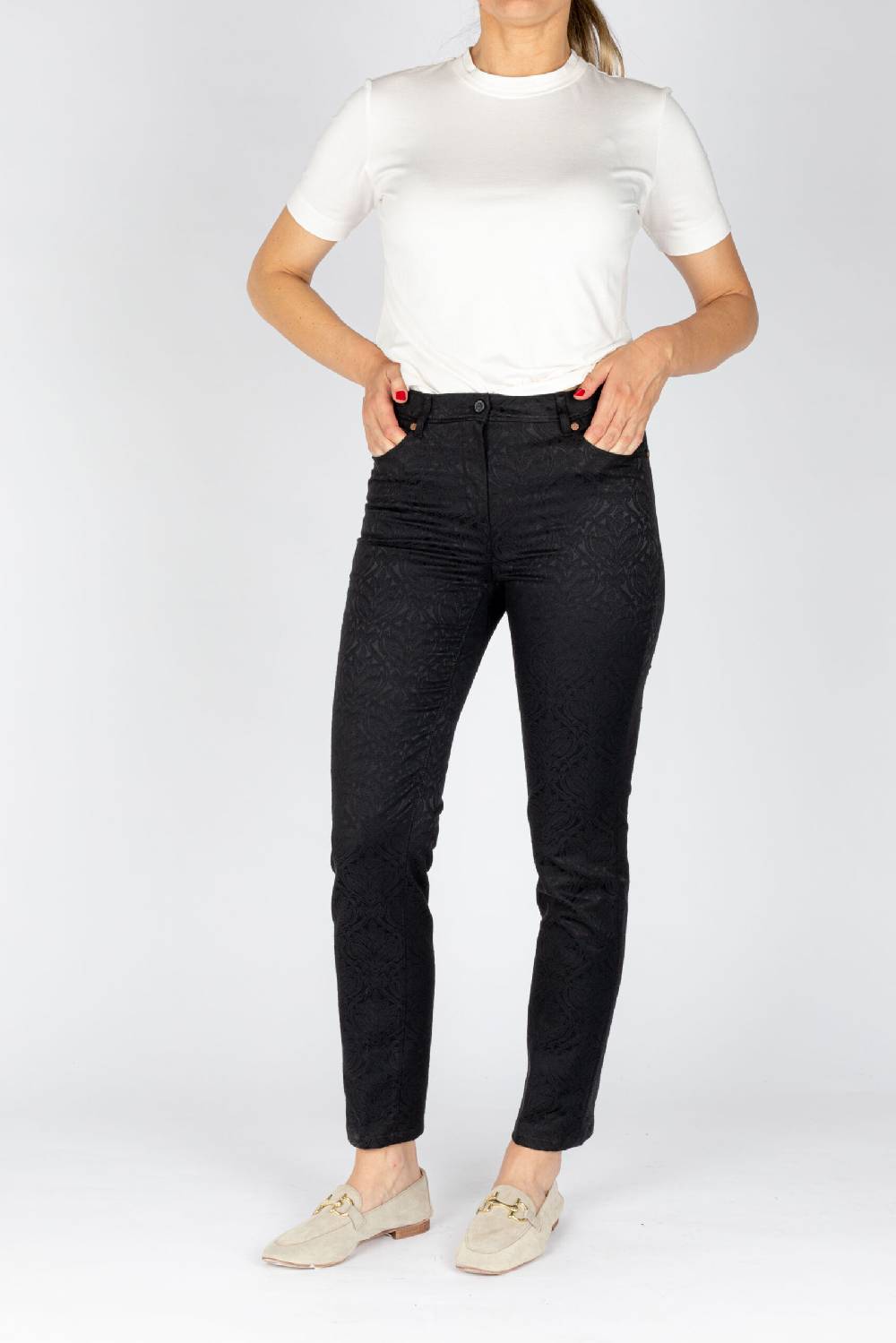 L.Pucci Pantaloni disegno fiore colore nero, linea Jeans tessuto jacquard