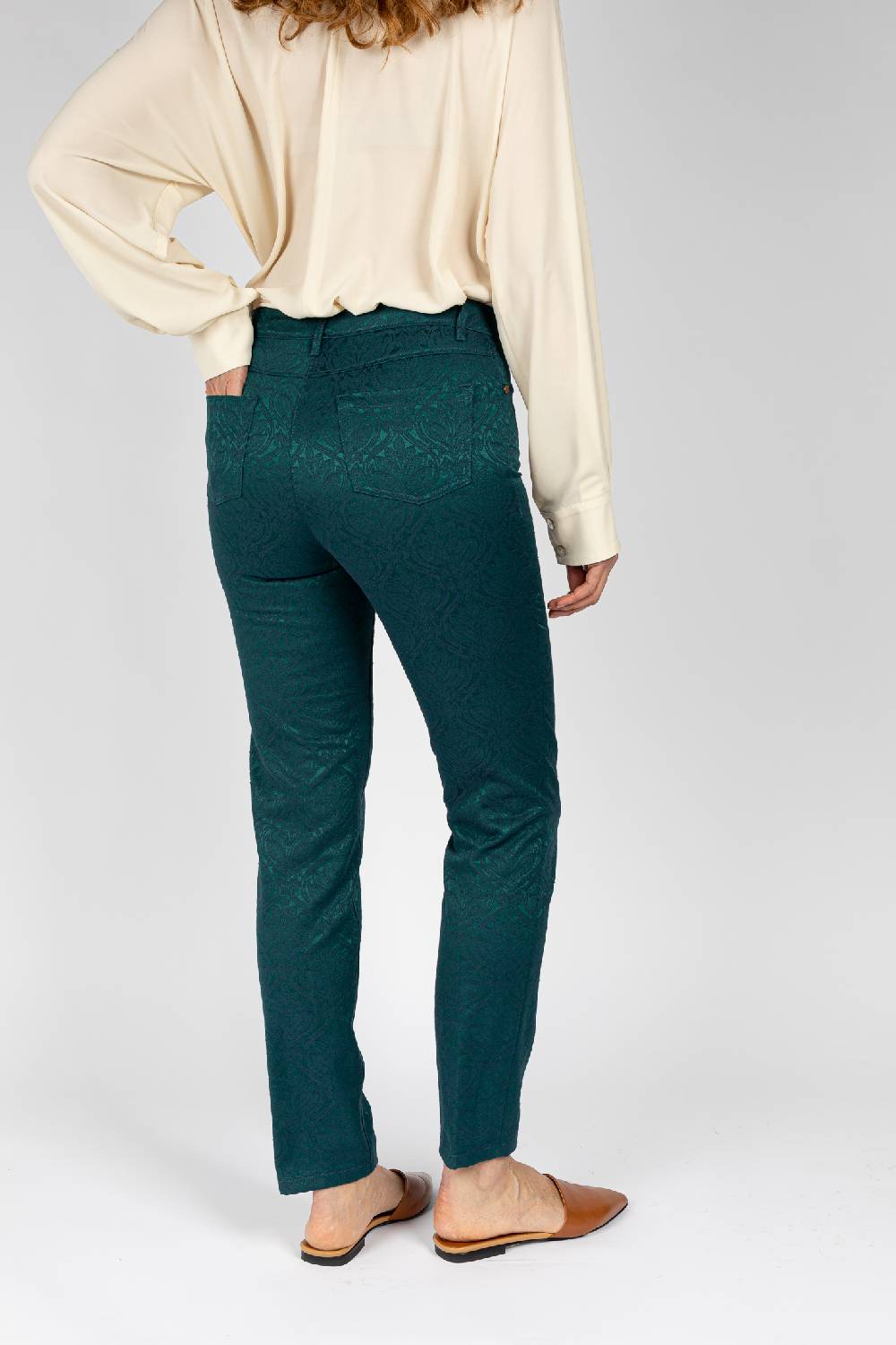 L.Pucci Pantaloni Disegno Fiore Colore Verde, Linea Jeans Tessuto Jacquard