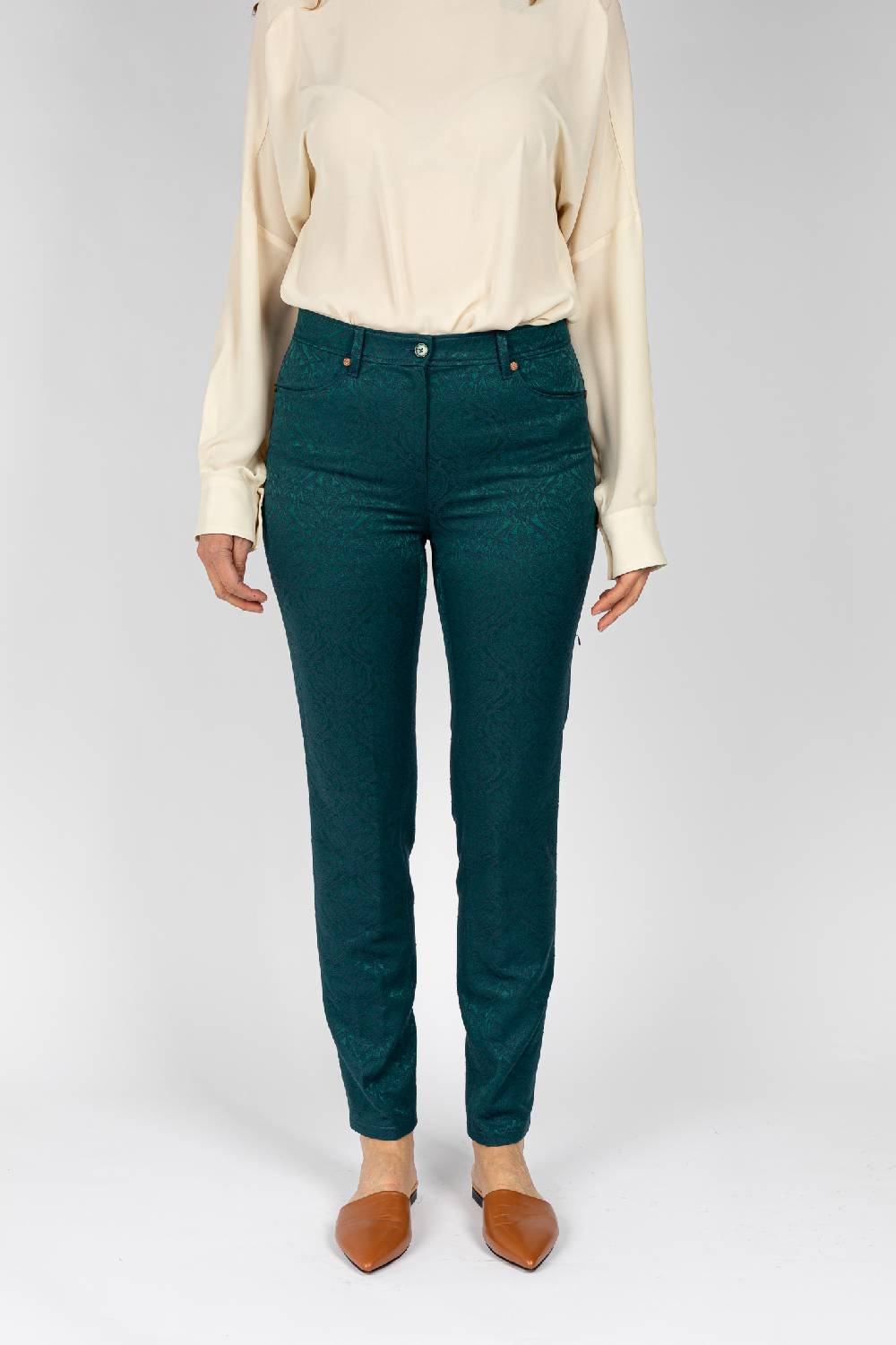 L.Pucci Pantaloni disegno fiore colore verde, linea Jeans tessuto jacquard