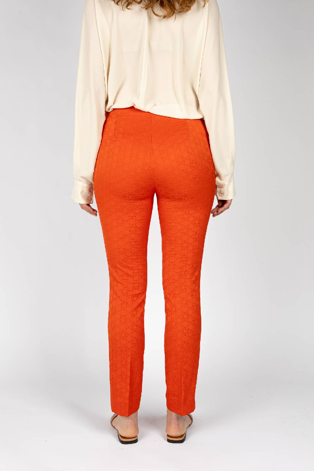 L.Pucci Pantaloni Jacquard A Fiore Colore Arancio, Linea Stretta