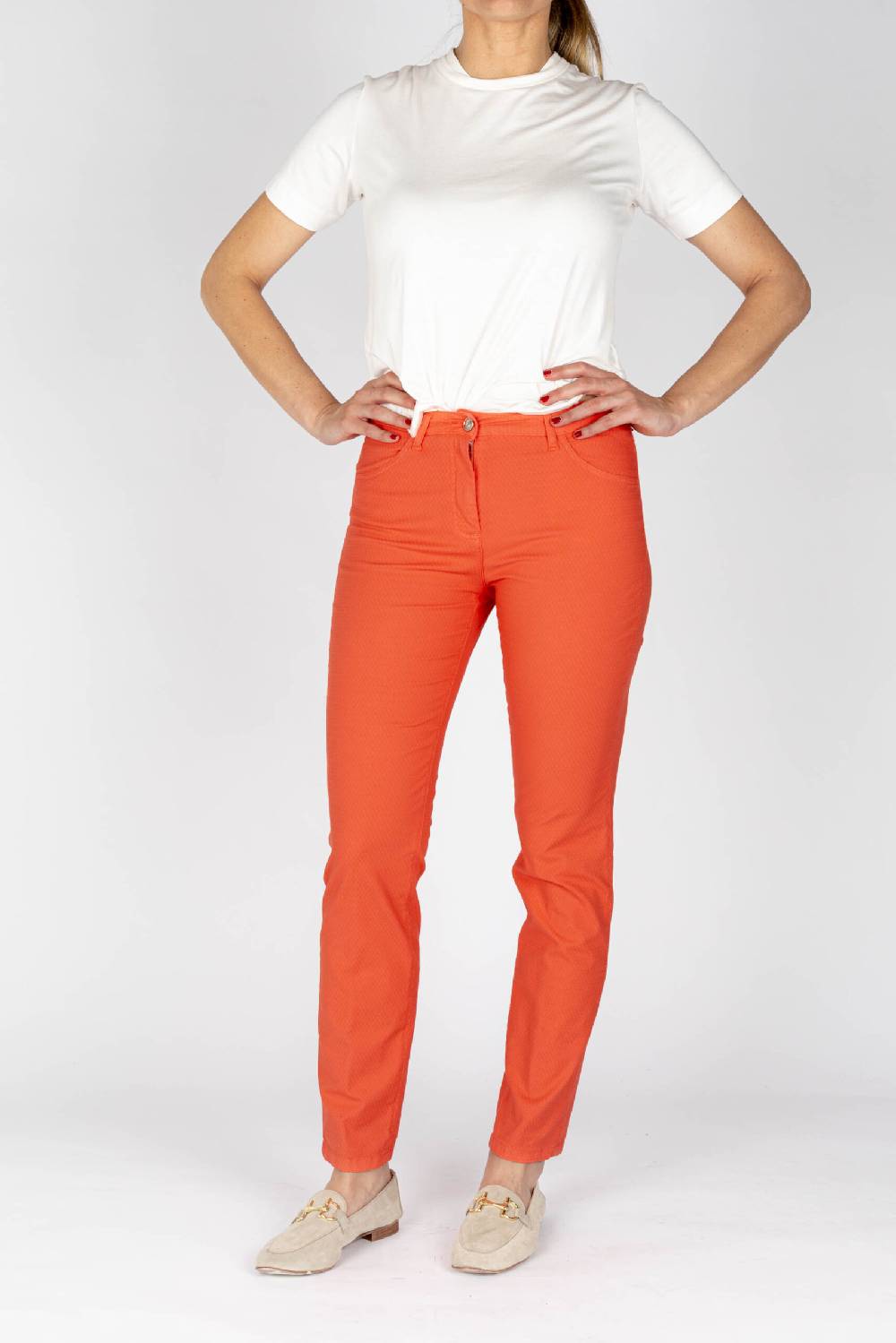 L.Pucci Pantaloni Jeans Colore Corallo Tessuto Cotone Armaturato