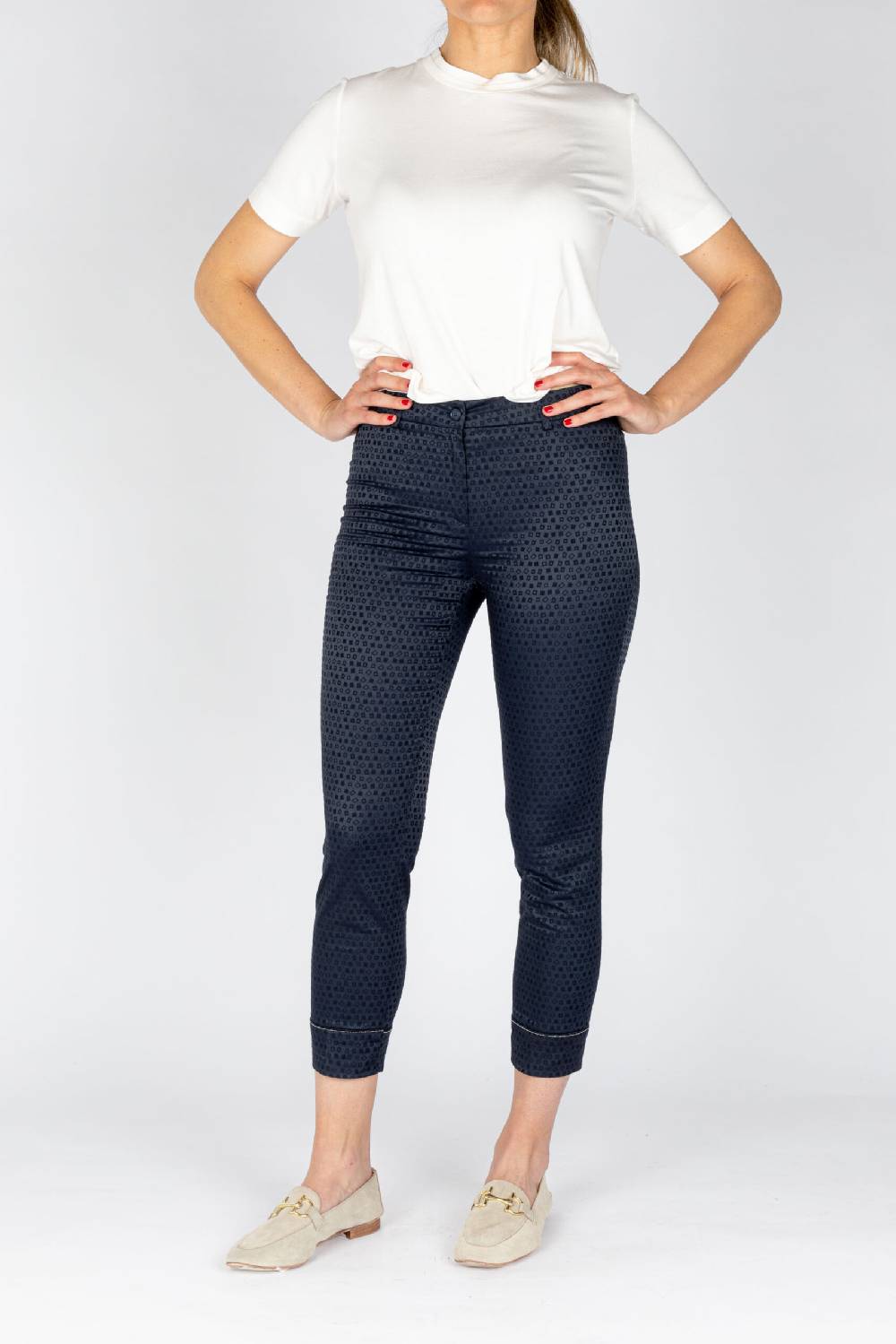 L.Pucci Pantaloni Modello Capri Tessuto Cotone Operato Colore Blu Disegno Quadretto