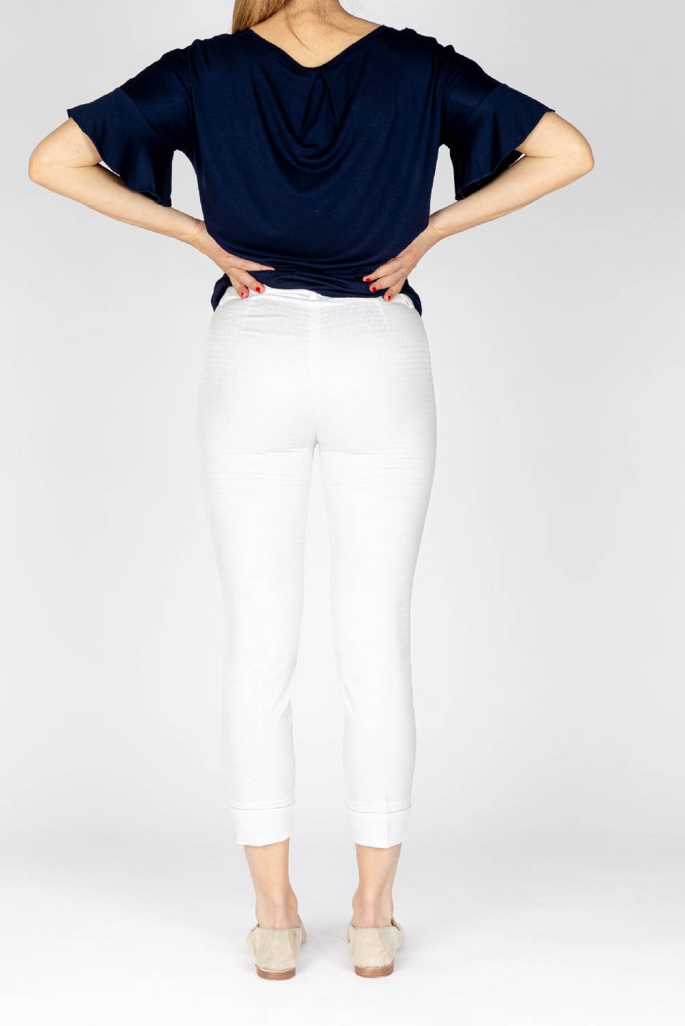 L.Pucci Pantaloni Modello Capri Tessuto Cotone Operato Colore Bianco Disegno Quadretto