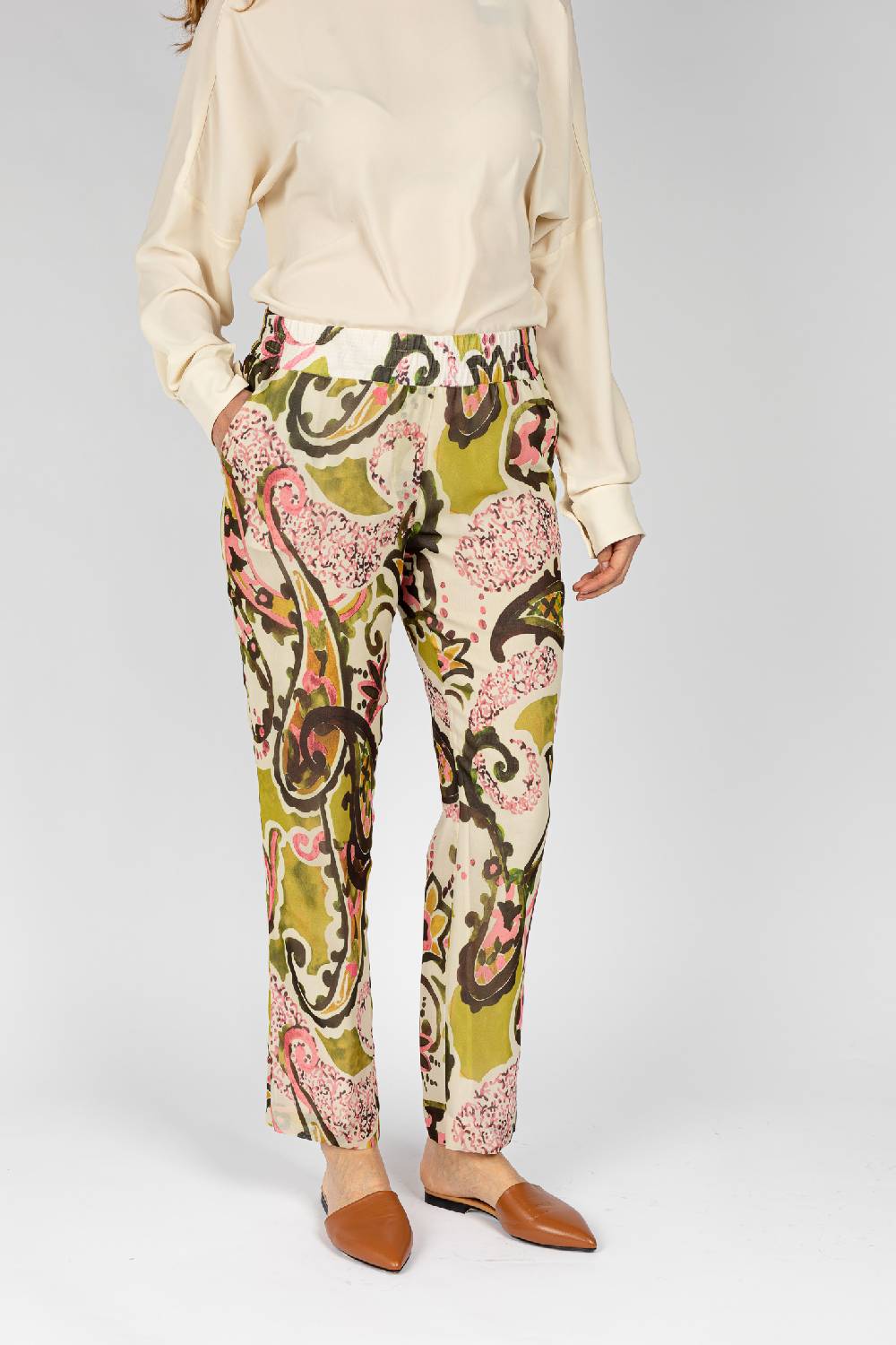L.Pucci Pantaloni Stampati Disegni Cachemire Beige Verdi Linea Morbida Da Donna