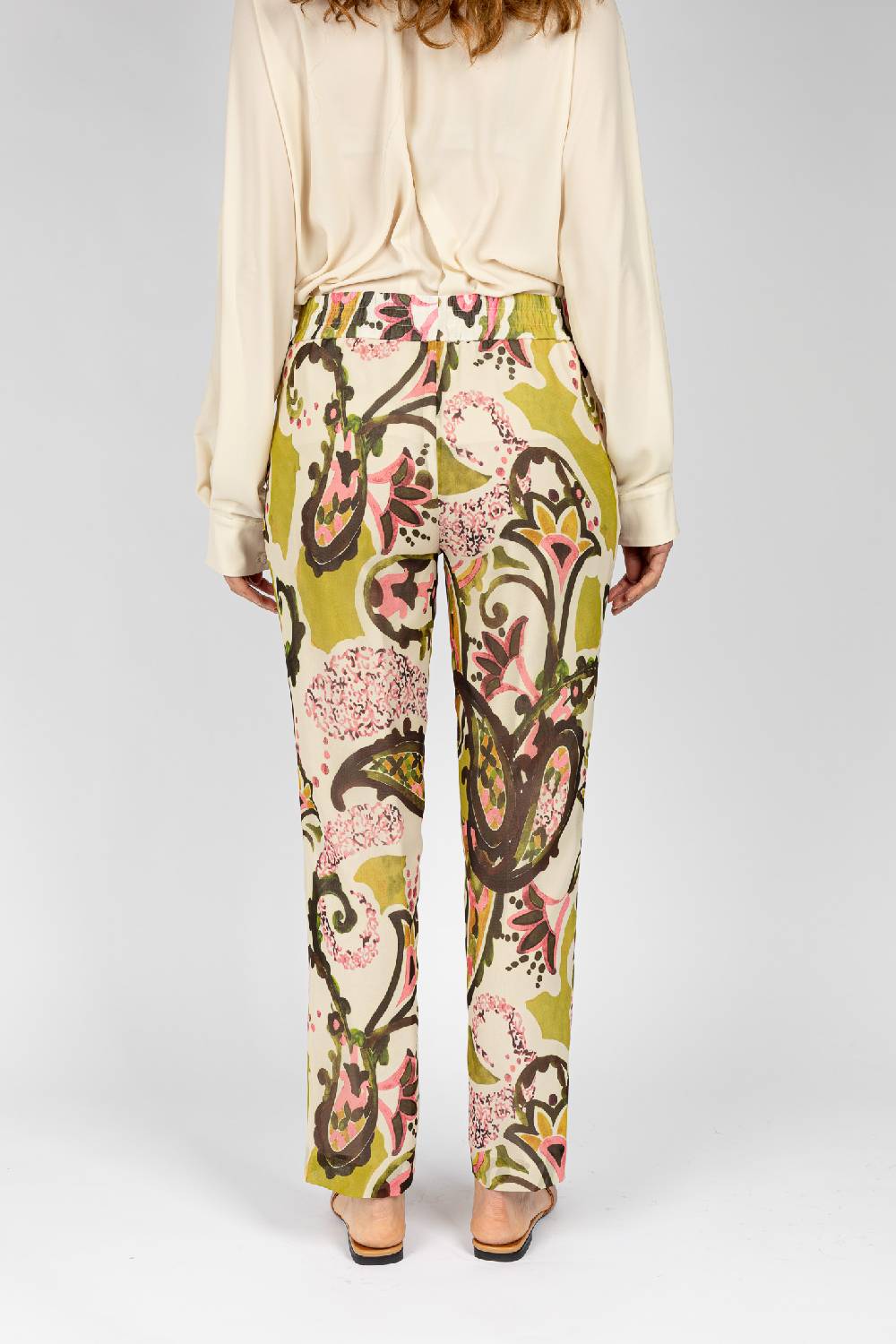 L.Pucci Pantaloni Stampati Disegni Cachemire Beige Verdi Linea Morbida Da Donna