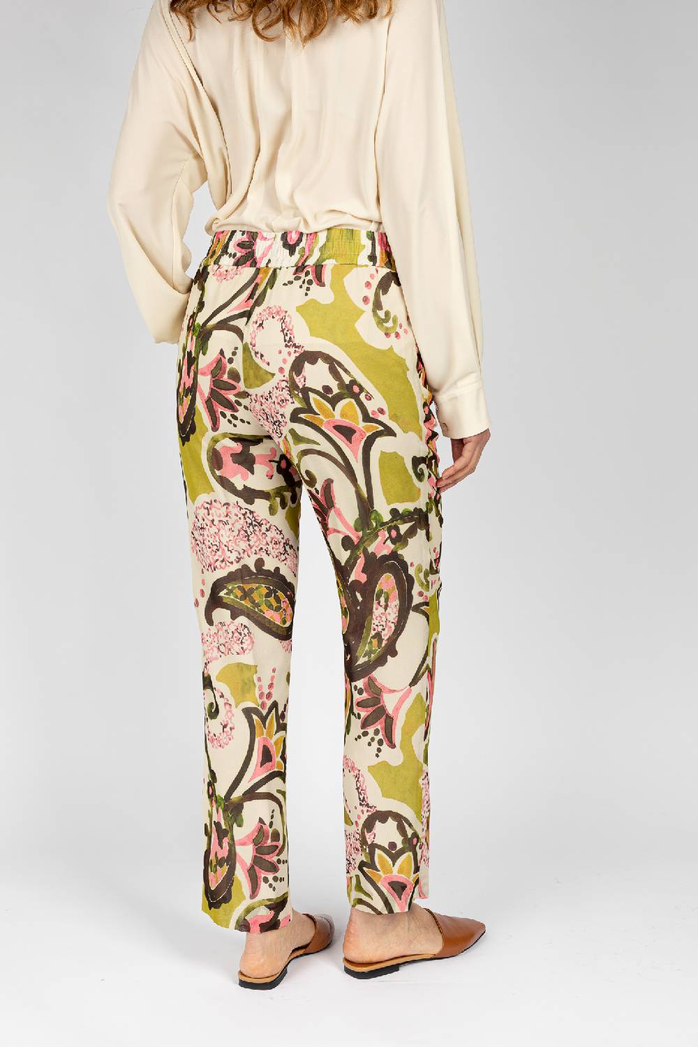 L.Pucci Pantaloni Stampati Disegni Cachemire Beige Verdi Linea Morbida Da Donna